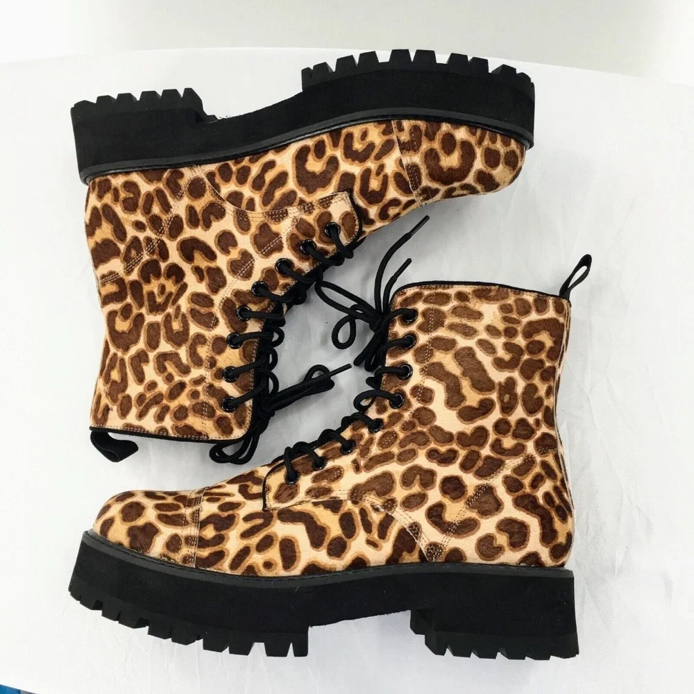 Farylrobin Womens Combat Boot Brown Calf Hair Leopard Print Platform Boot Sz 10 - Picture 5 of 11